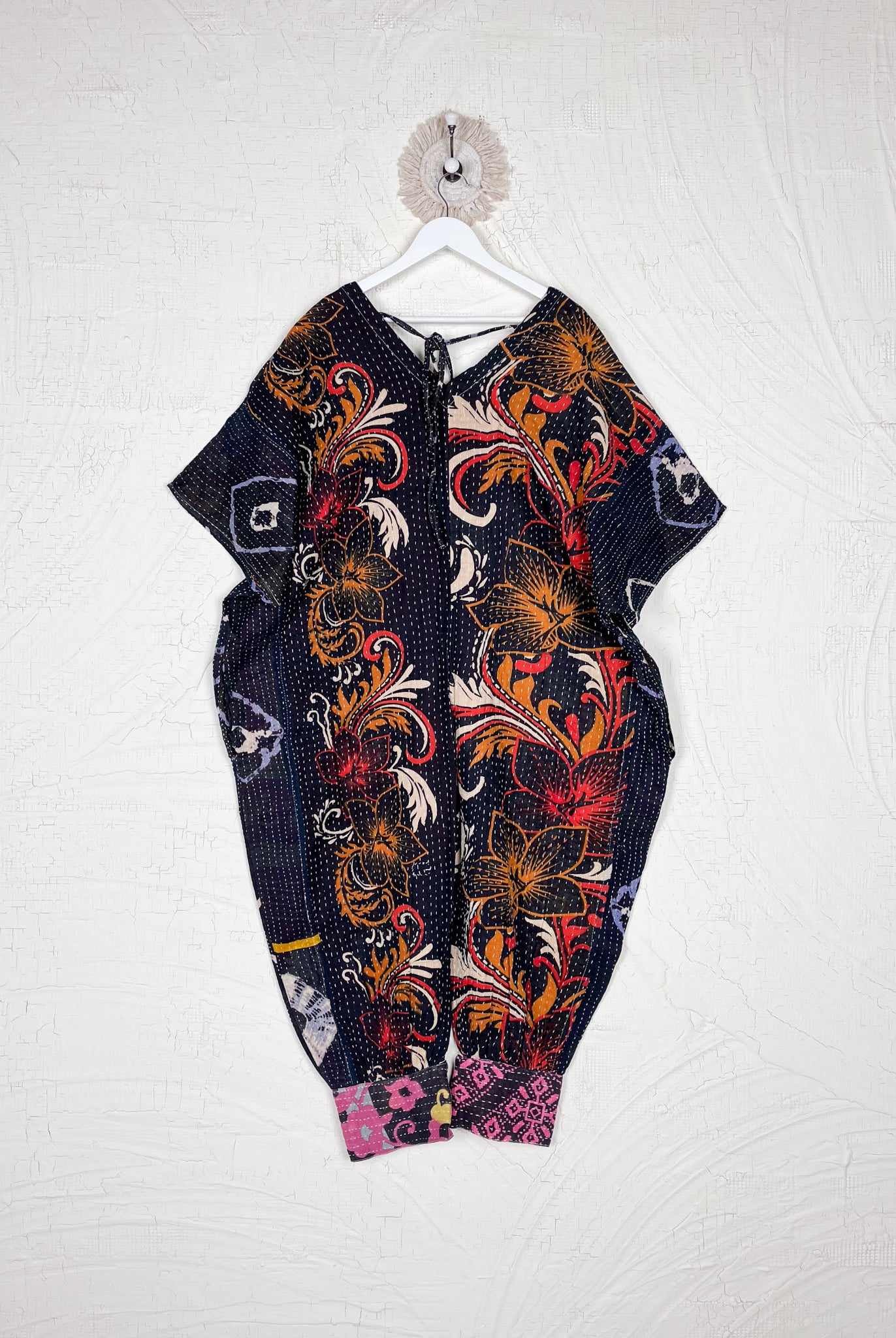 Black Kantha stitch bohemian overalls - Love Protect Sustain