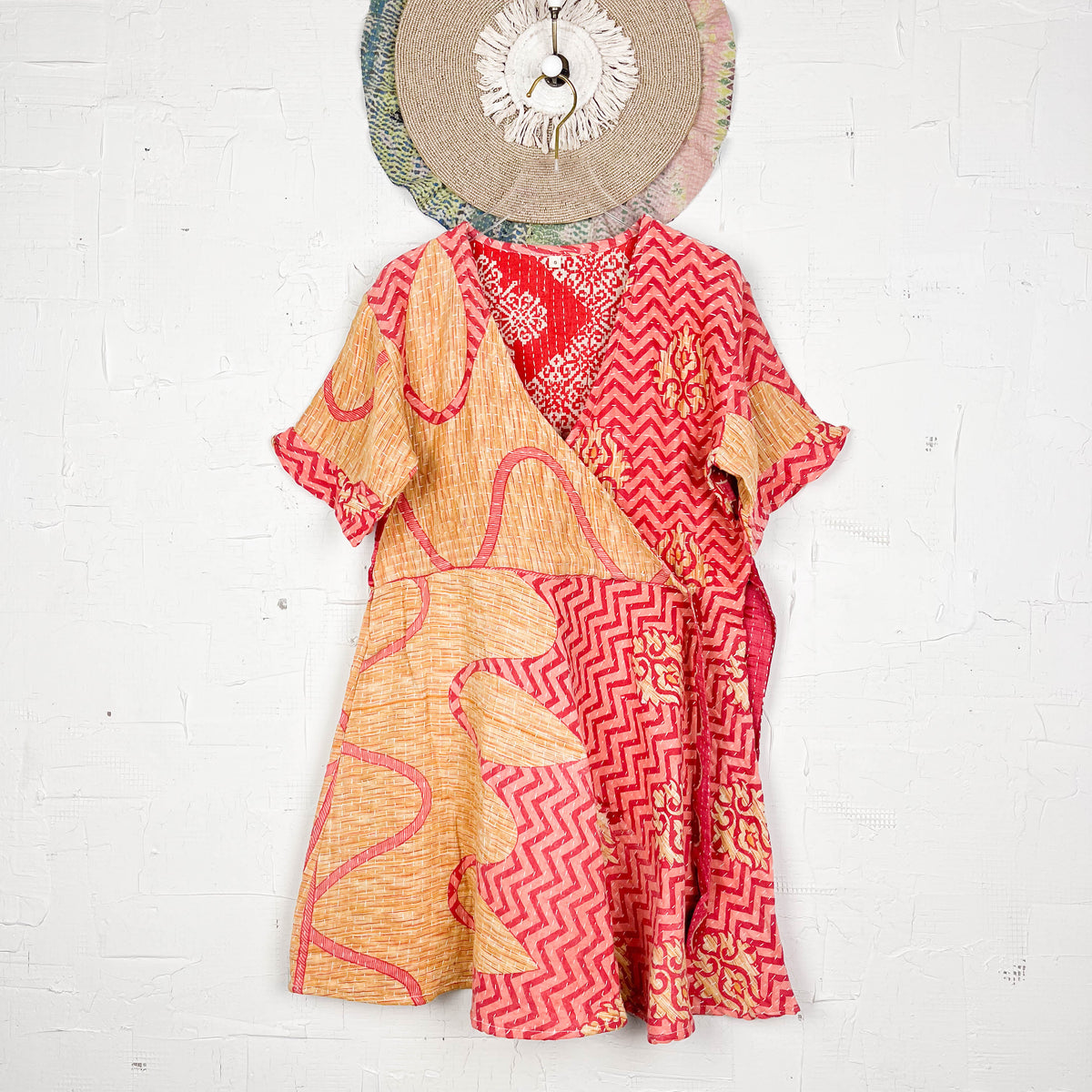 Kantha Mid Flap Dress Pink Beige Flowers main image 1