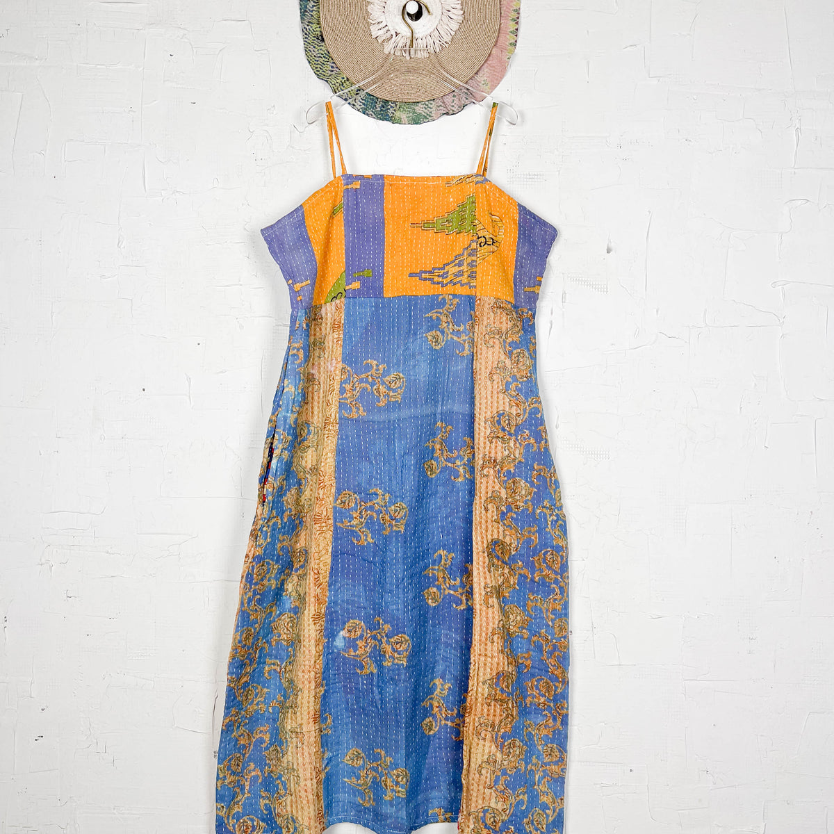 Kantha Strap Long Dress Floral Grey