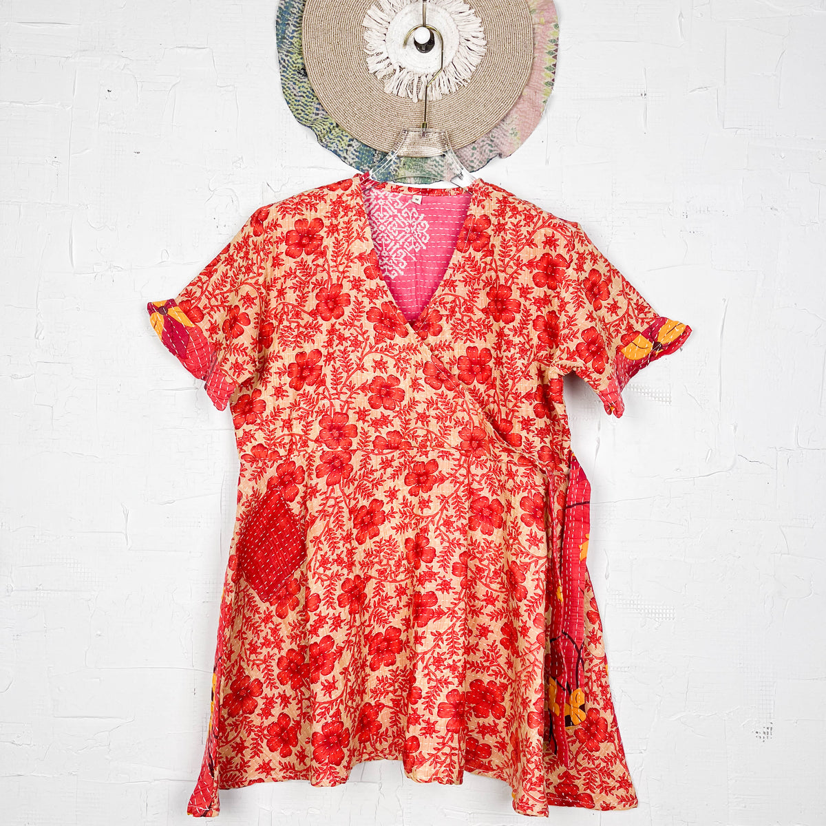 Kantha Mid Flap Dress Red Black Flowers