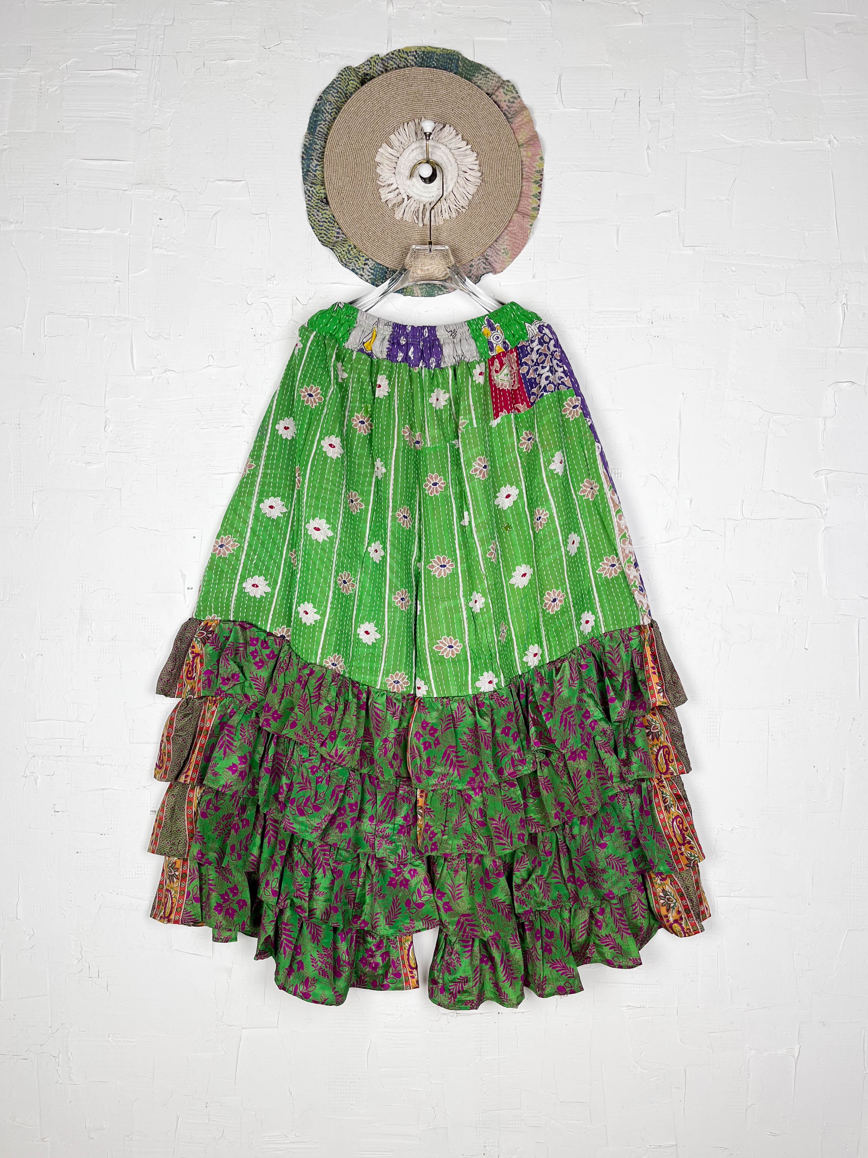 Green Kantha Frill Pants - Love Protect Sustain