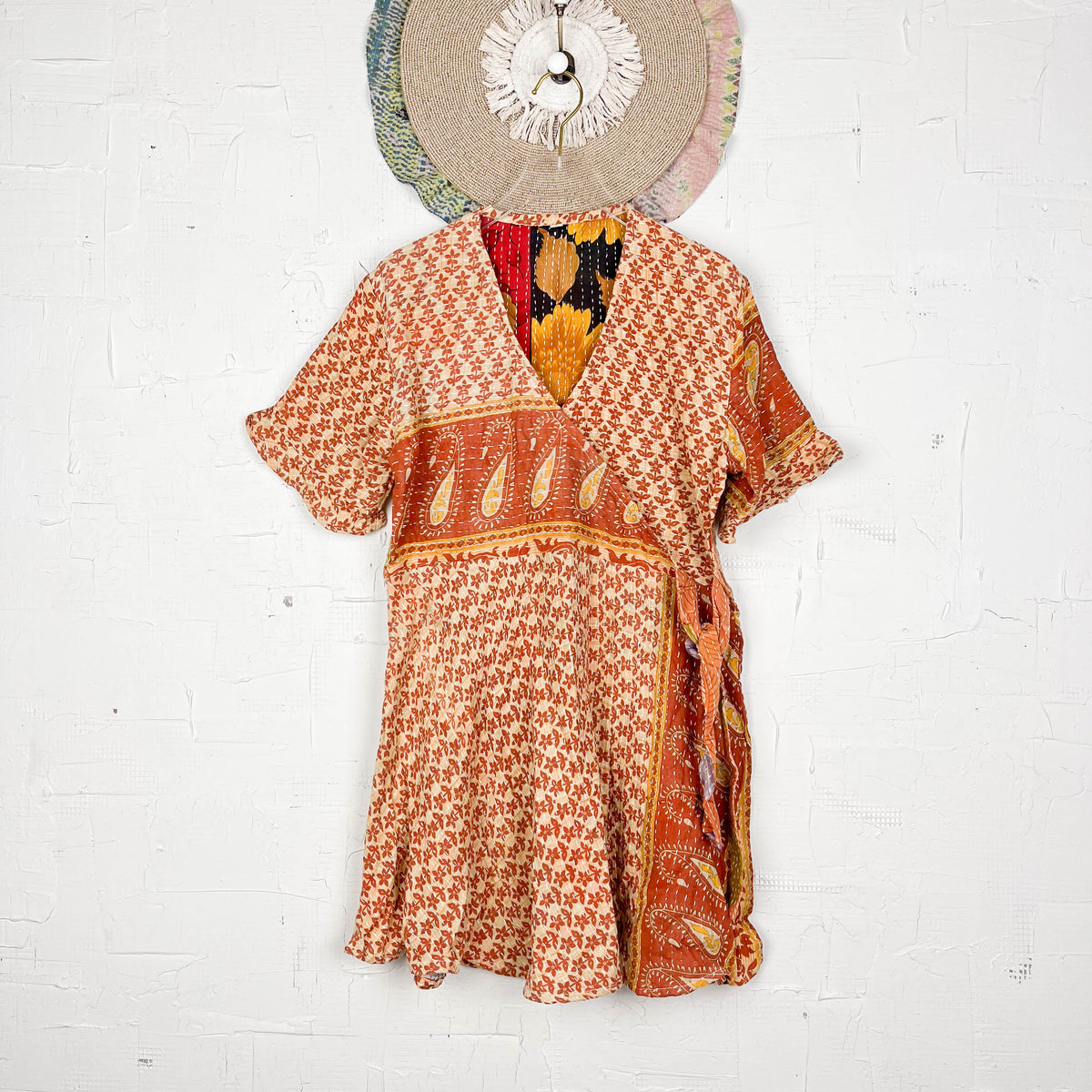 Kantha Mid Flap Dress Pink Beige Flowers