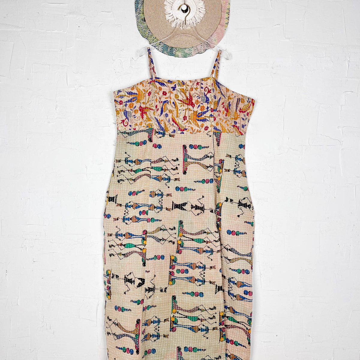 Kantha Strap Long Dress Boho Green Orange