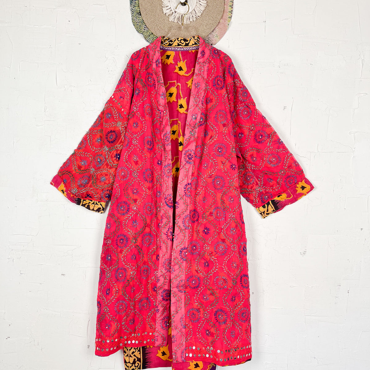 Phulkari Short Kimono Robe White Summer main image 1