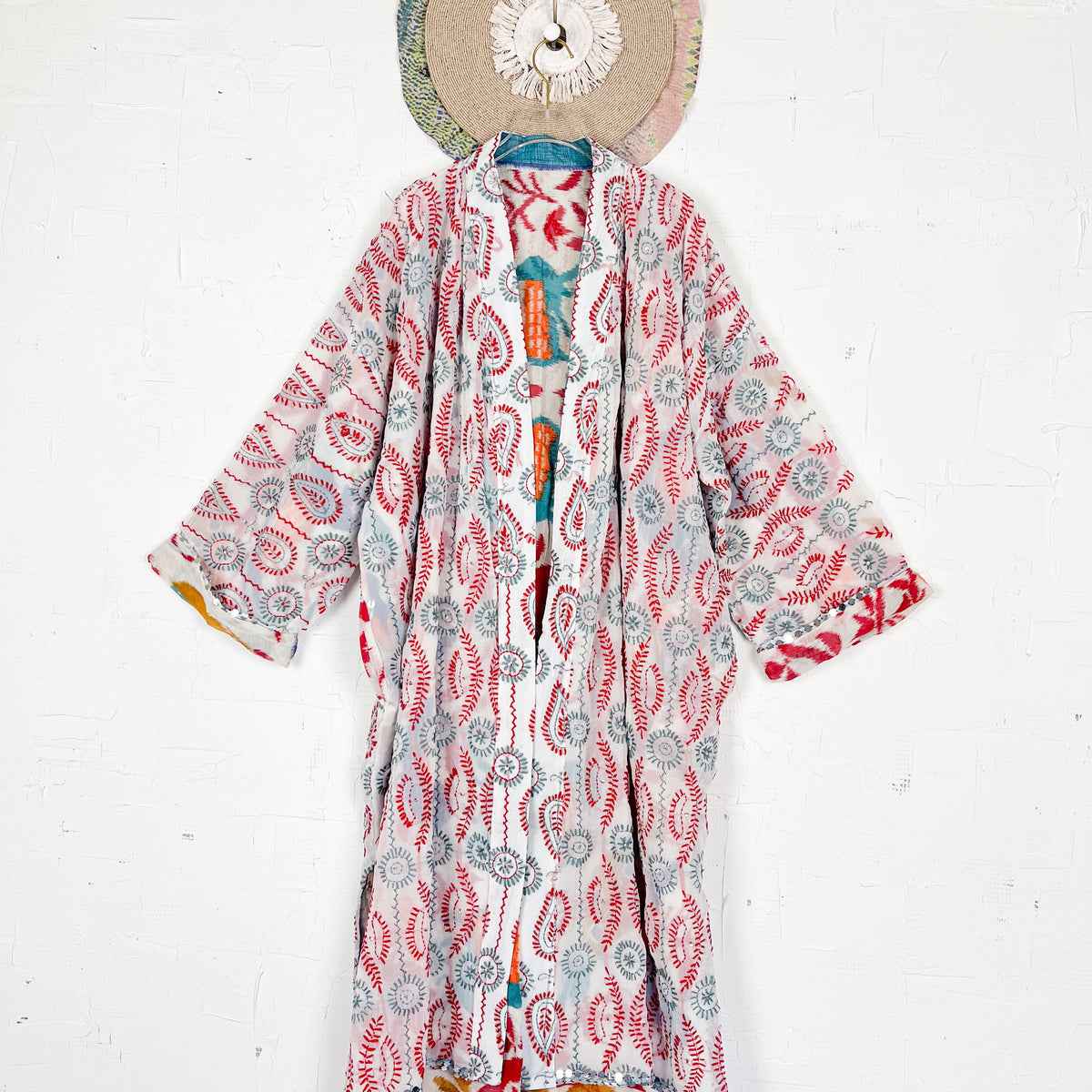 Long Phulkari Kimono Robe Spring Green