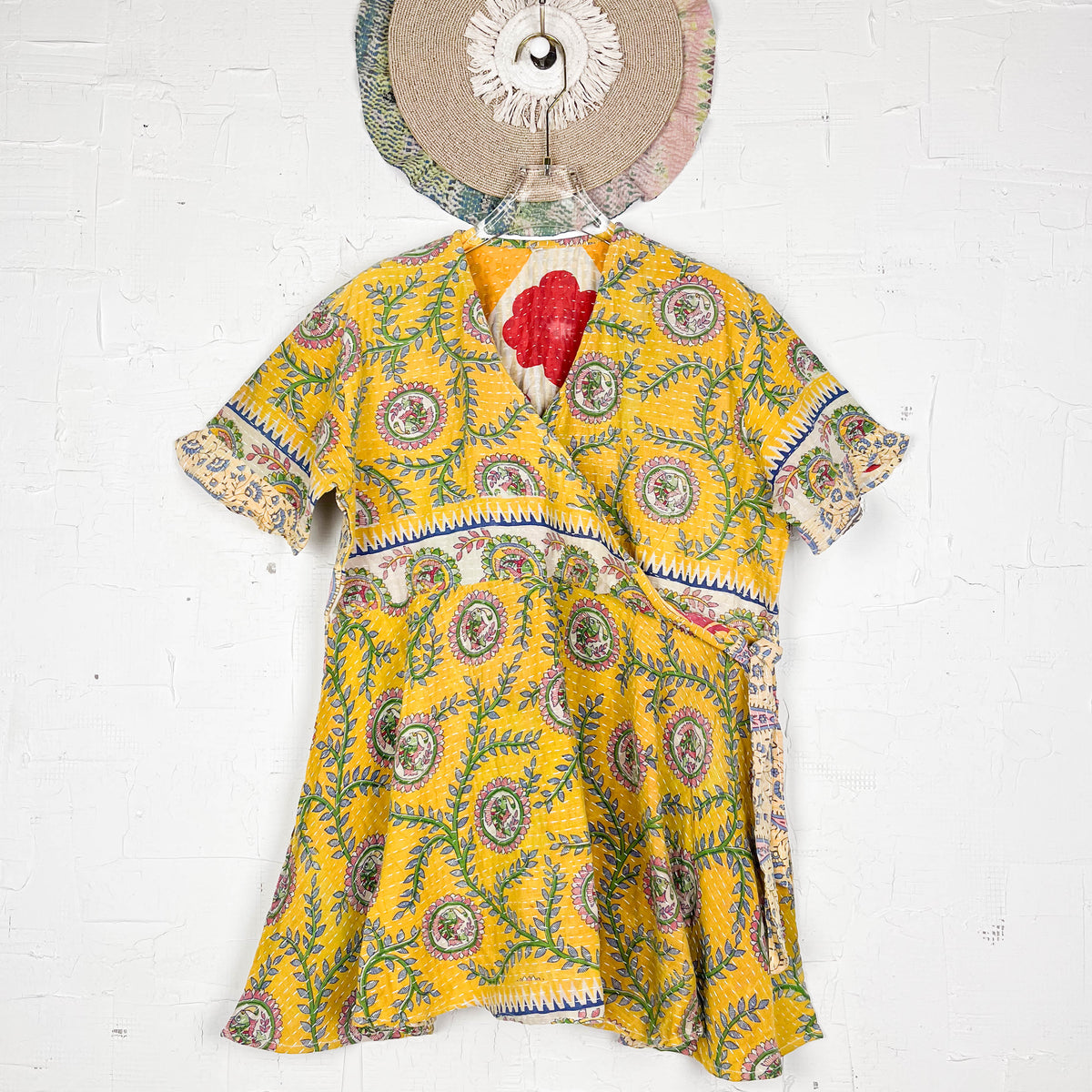 Kantha Strap Long Dress Vintage Green leaves
