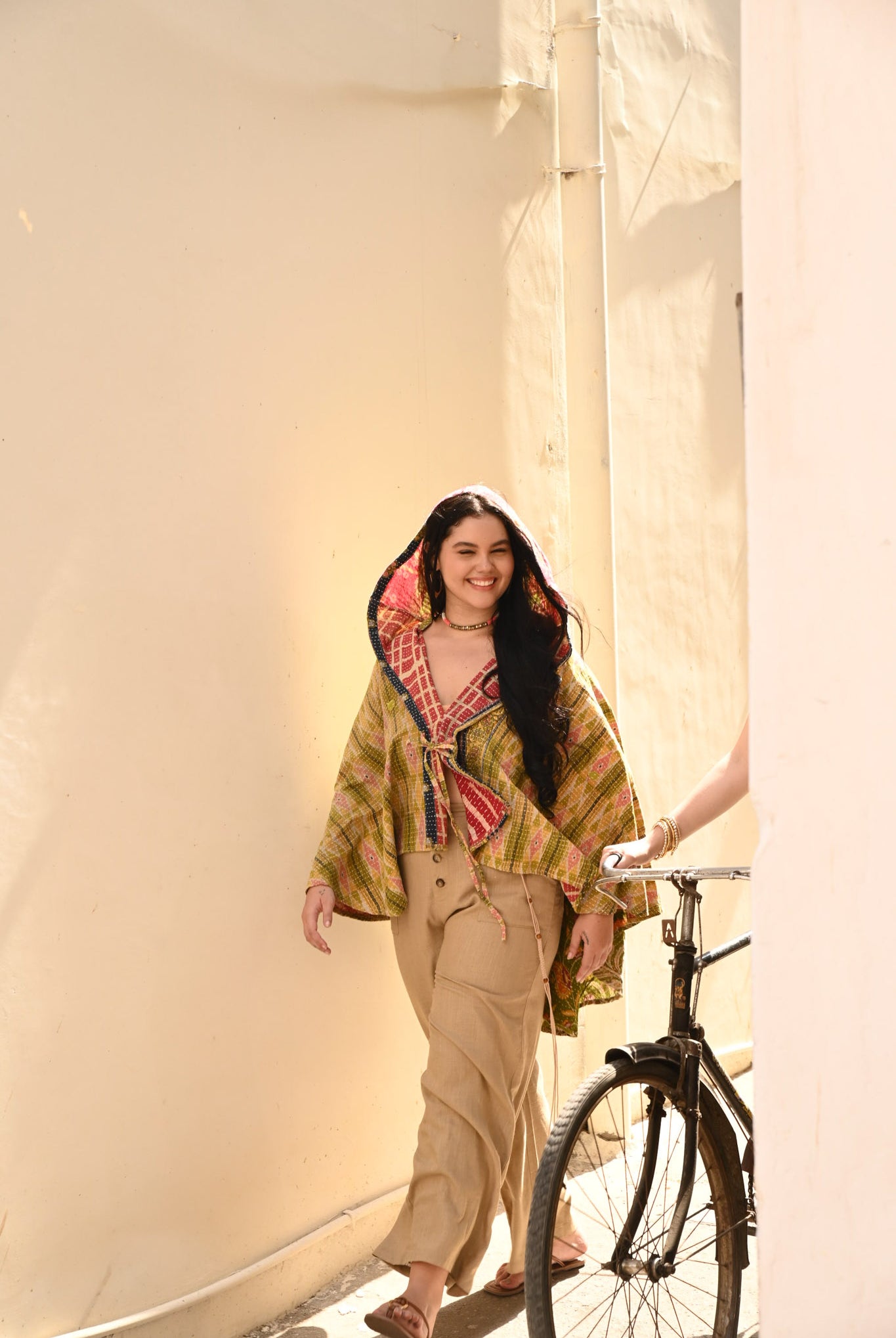 Women Wearing Kantha Poncho Hood - Love Protect Sustain