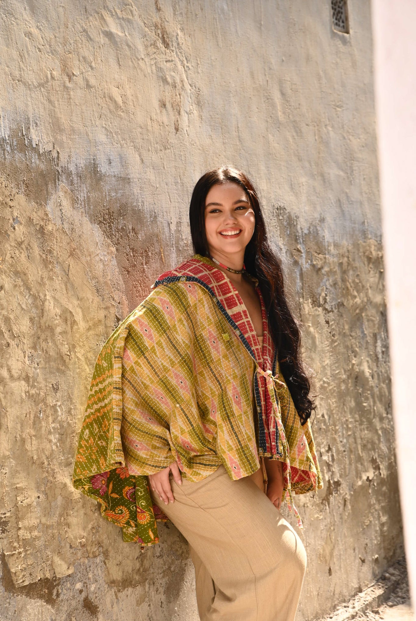 Women Wearing Kantha Poncho Vintage - Love Protect Sustain