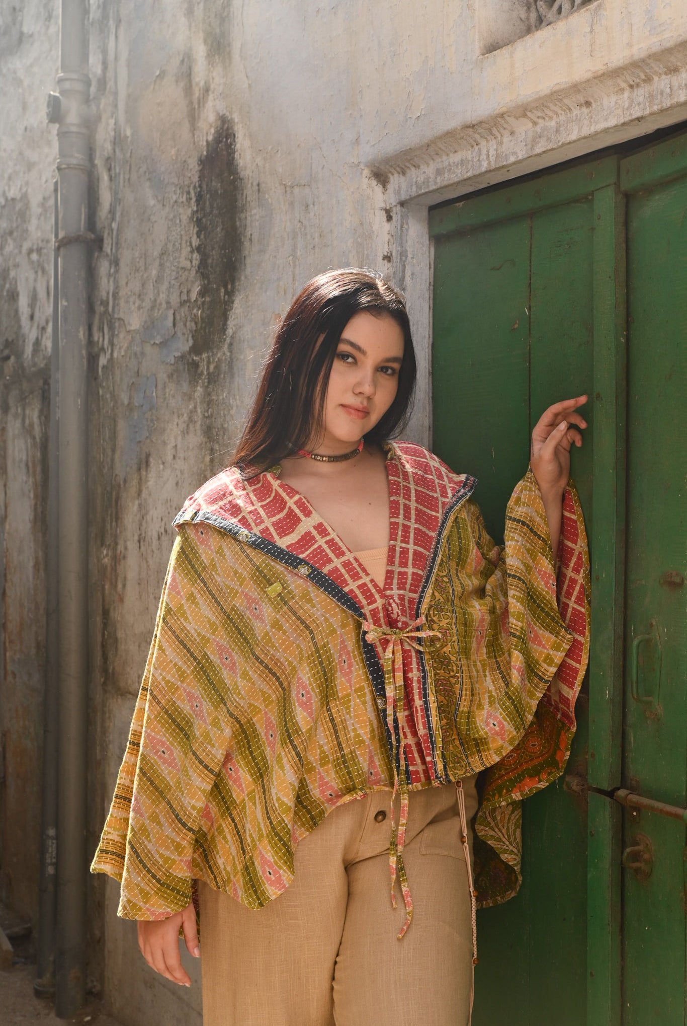 Women Wearing Kantha Poncho Yellow - Love Protect Sustain