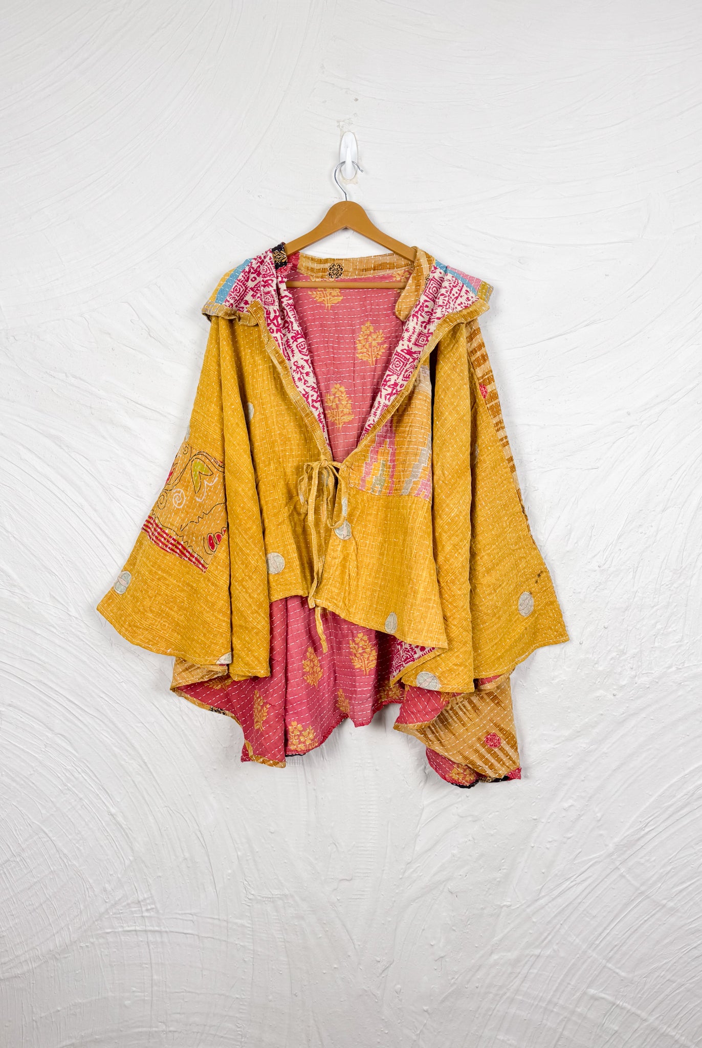Yellow Women Kantha Poncho - Love Protect Sustain