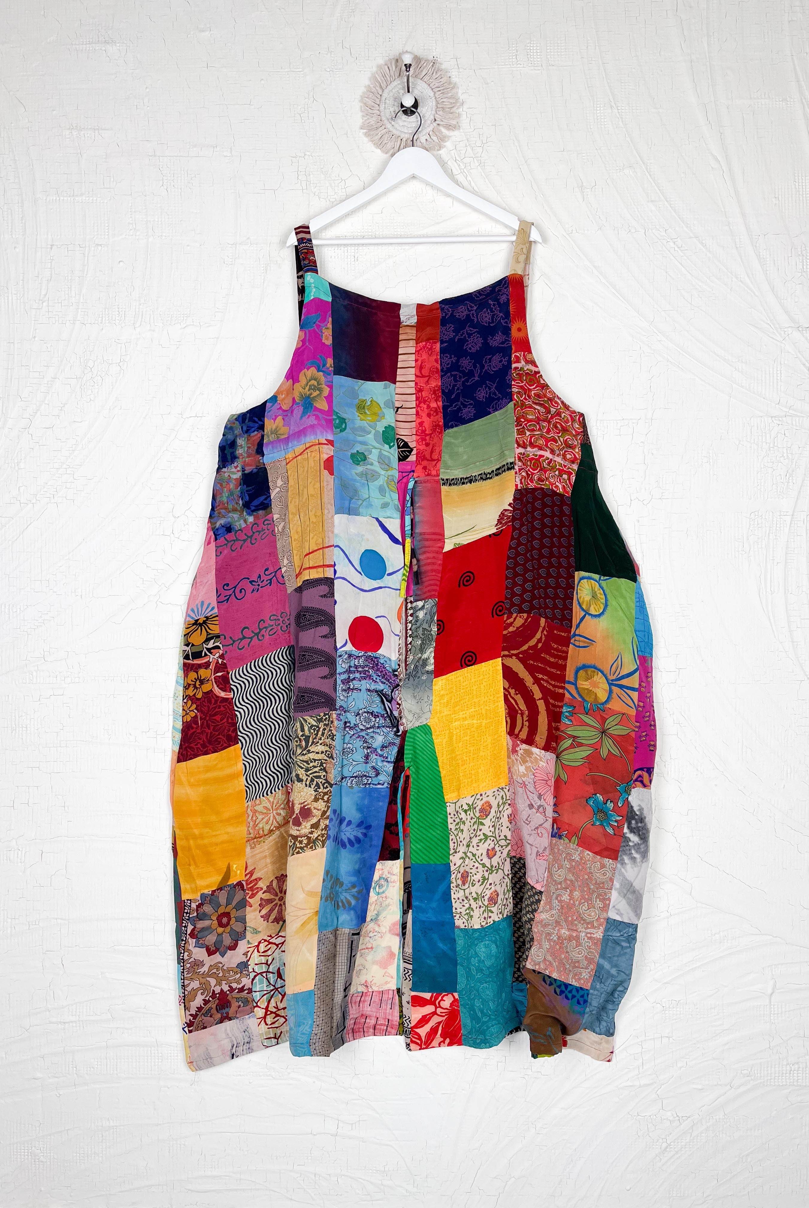 patchwork hippie romper adjustable straps - Love Protect Sustain