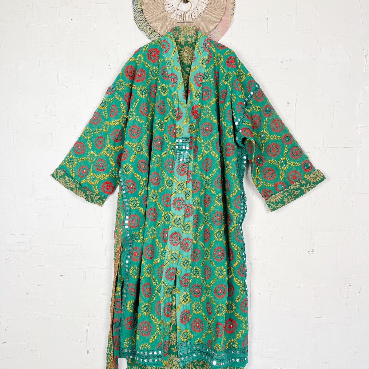 Long Phulkari Kimono Robe Spring Green – Love Protect Sustain