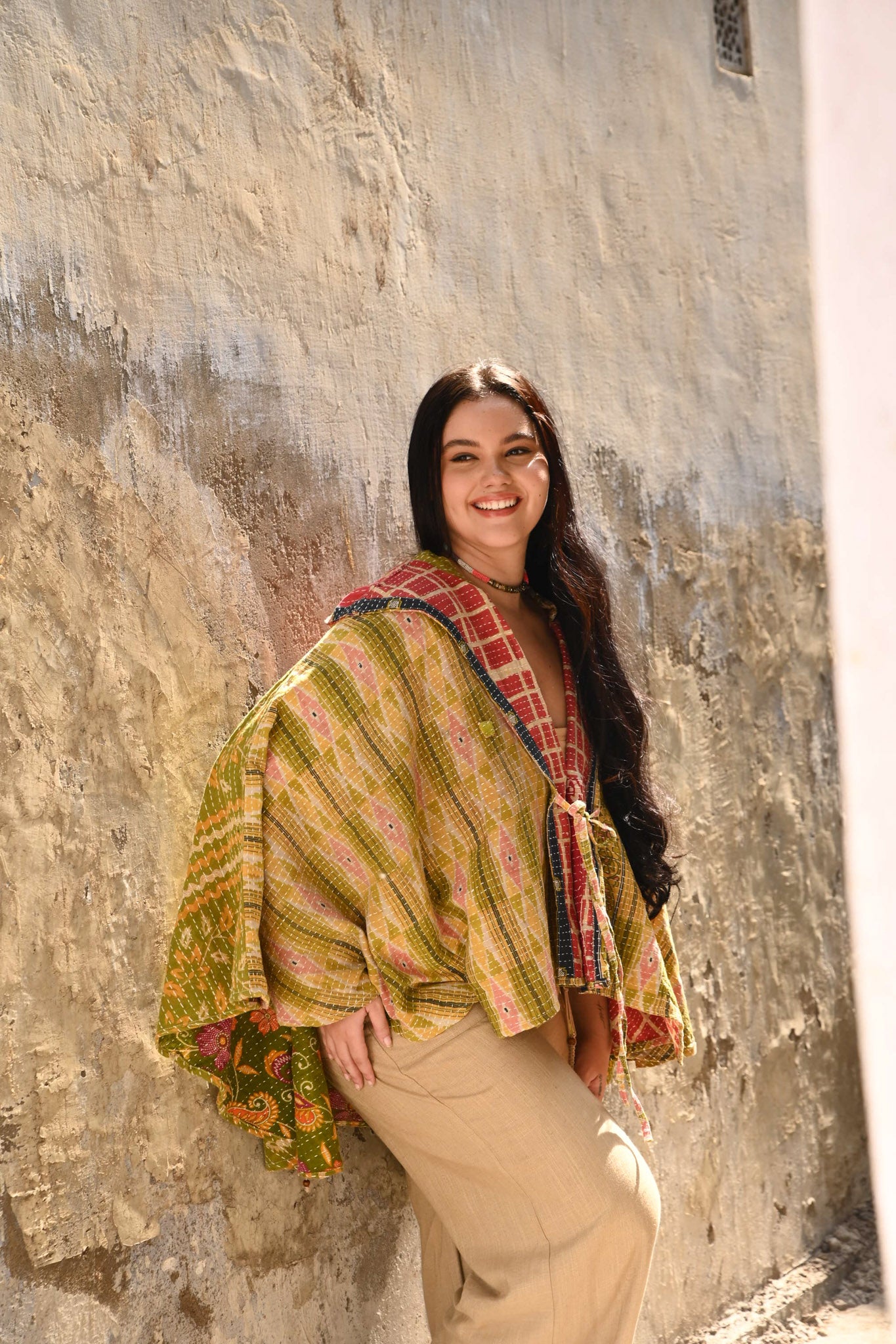 Women Wearing Kantha Poncho Vintage - Love Protect Sustain