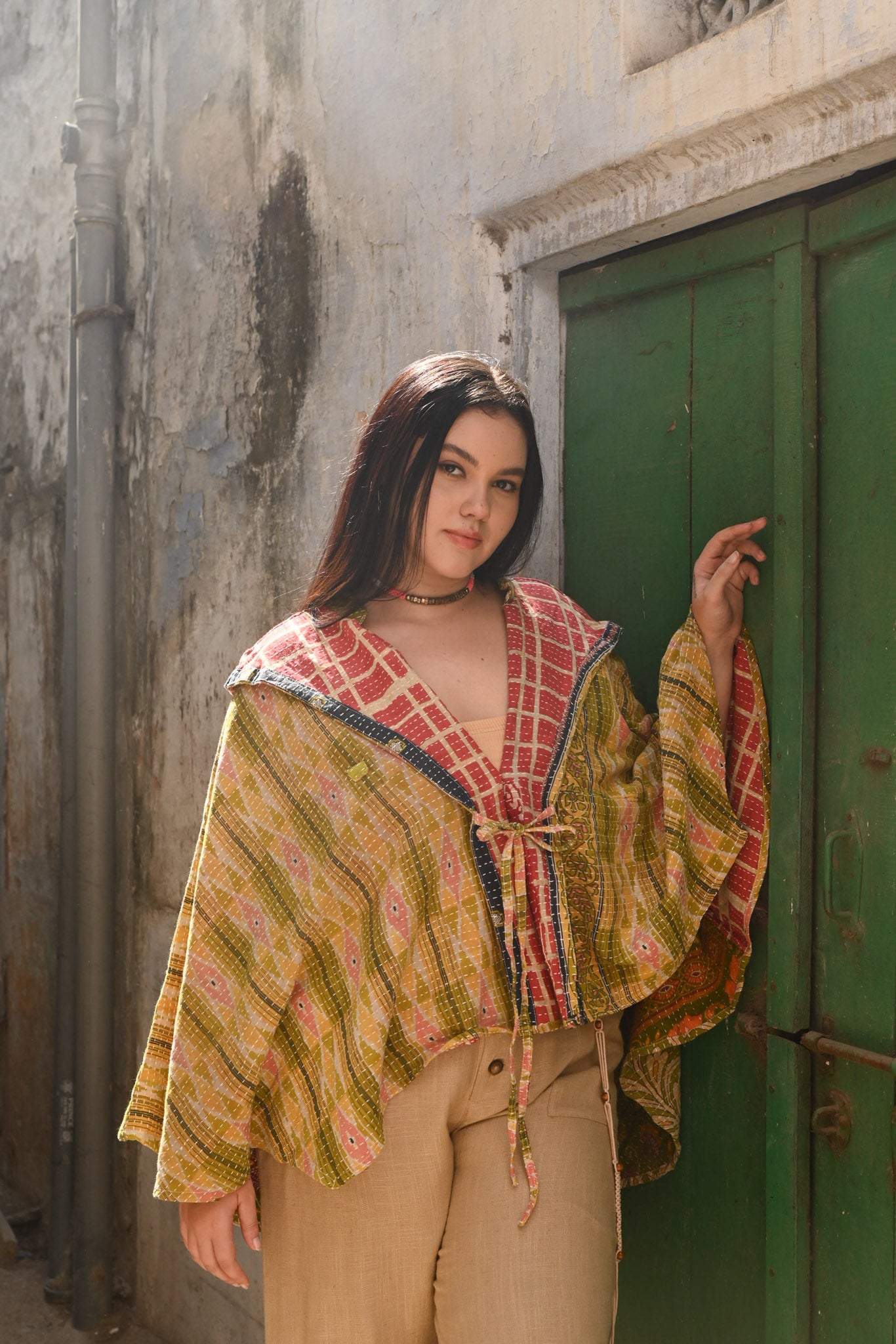 Women Wearing Kantha Poncho Yellow - Love Protect Sustain